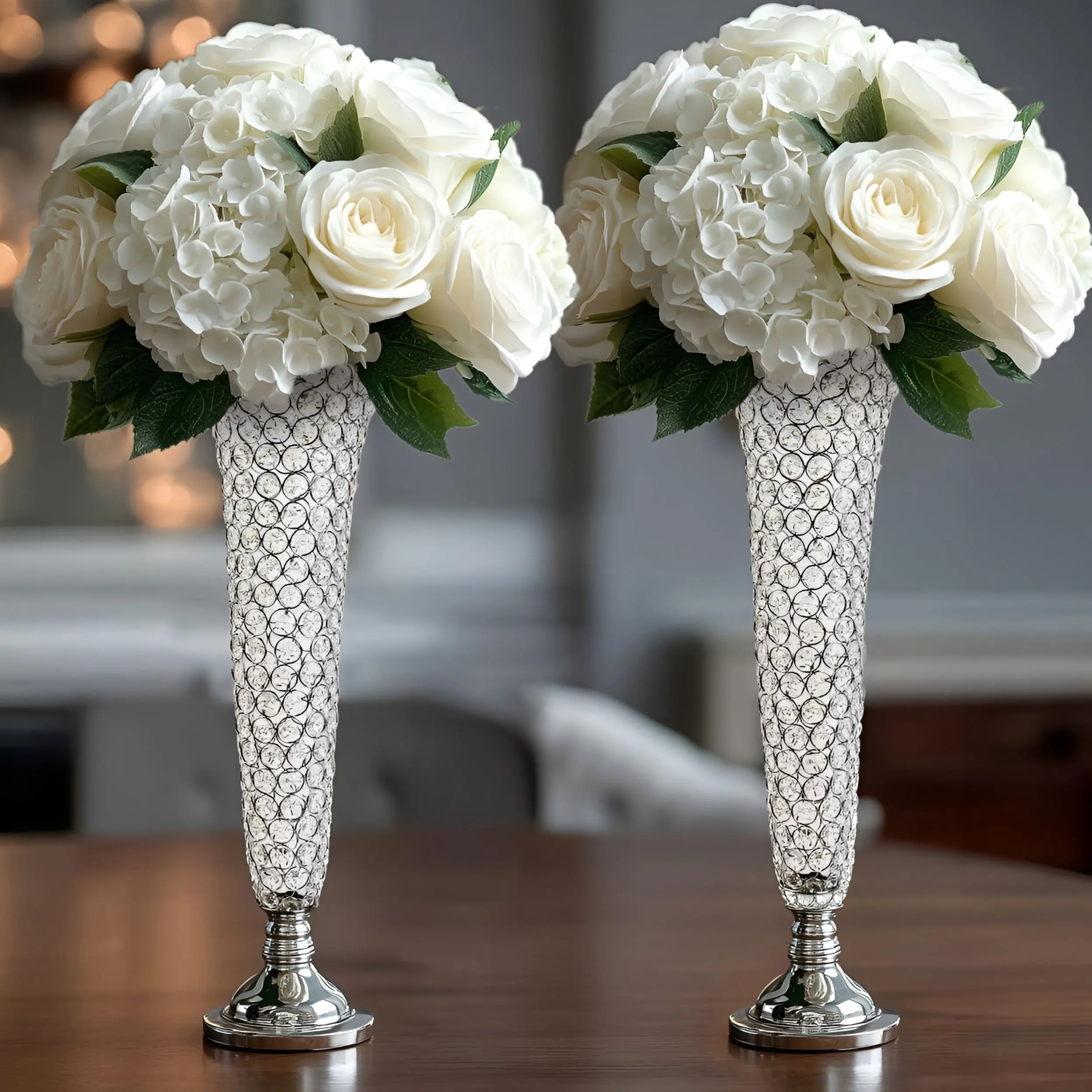 2-Pack Silver Crystal Beaded Trumpet Home Decor Vase - 28" Tall Glam Luxurious Centerpieces Vases with Crystals for Room Decor, Banquet & Reception Floral Displays