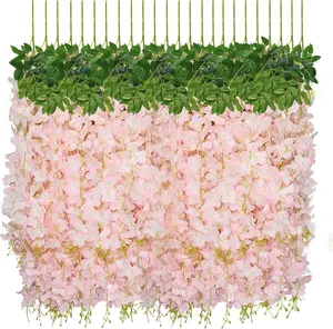 Artificial Wisteria Hanging Flowers, 12pack Fake Hanging Flowers Pink Wisteria Vine Ratta Hanging Garland Silk Flowers for Wedding Arch Party Garden Home Decor