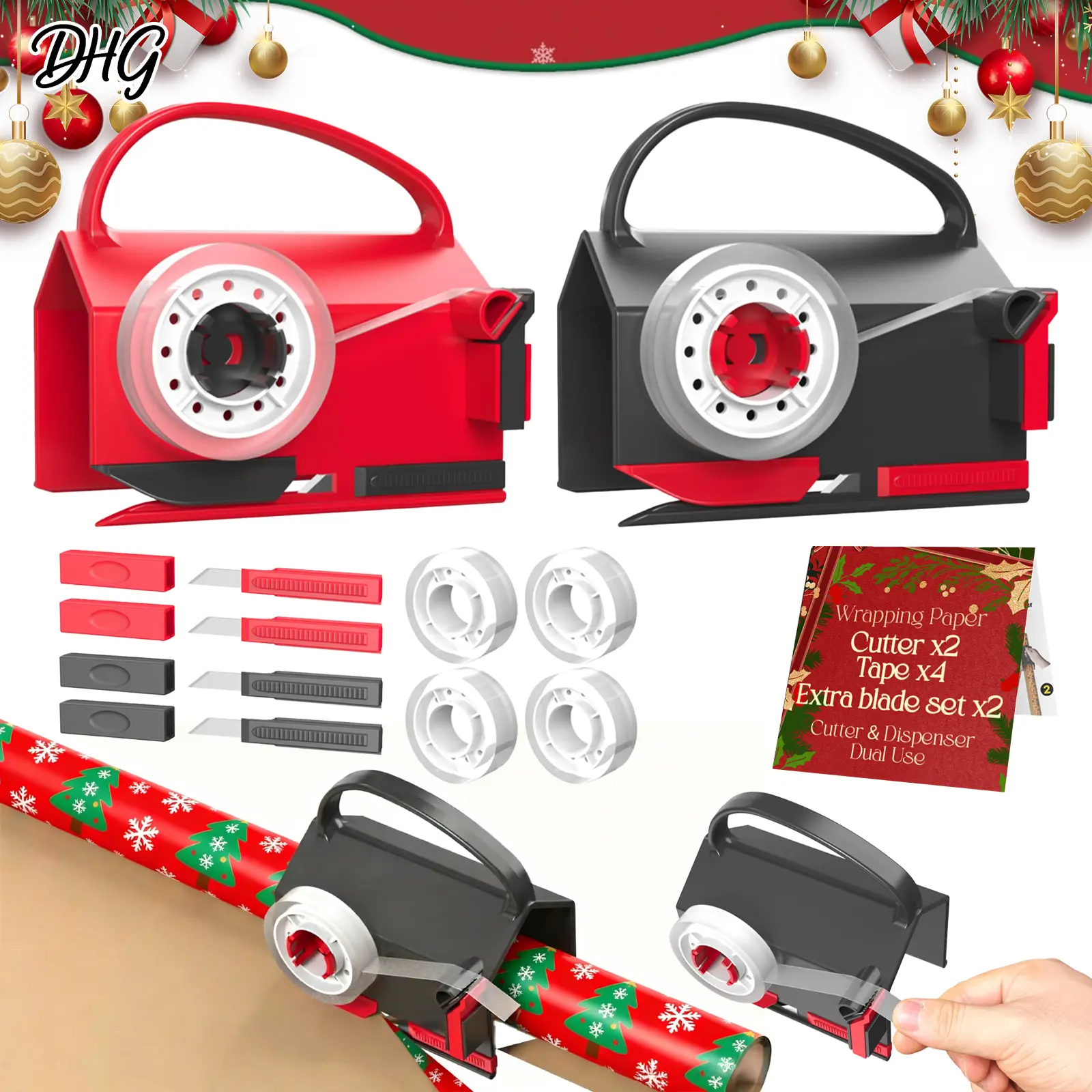 DHG 2 Pack Dual-Use Wrapping Paper Cutter & Tape Dispenser Kit, Includes 4 Rolls Tape & 2 Replacement Blades, Sliding Roll Slicer Holder for Christmas Kraft Cellophane Paper, Home Office Classroom Birthday Gift Cutting Supplies, Classroom Supplies, Portab