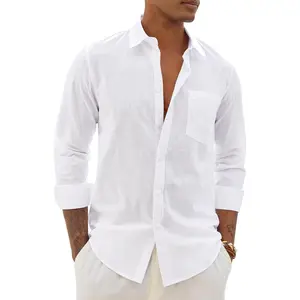 Mens Cotton Linen Textured Shirt Long Sleeve Button Down Shirts Casual Summer Beach Wedding Tops with Pocket