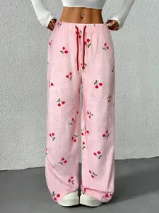 SHEIN EZwear Women's Light Pink Cherry Pattern Front Tie Casual Pants