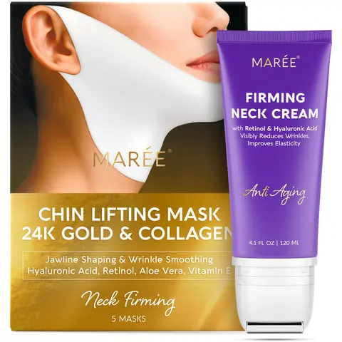 MARÉE Neck & V-Line Lift Duo – Firming Neck Cream & 24K Gold Collagen Chin Mask – Retinol & Hyaluronic Acid