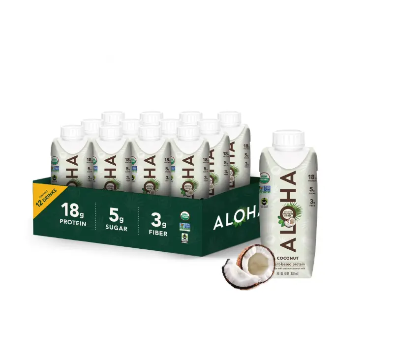 ALOHA Organic Plant-Based Protein Drink, Coconut Flavor, 18g Plant Protein, 3g Fiber, 5g Sugar, Ready-to-Drink Beverage, 11 fl oz, 12-Pack