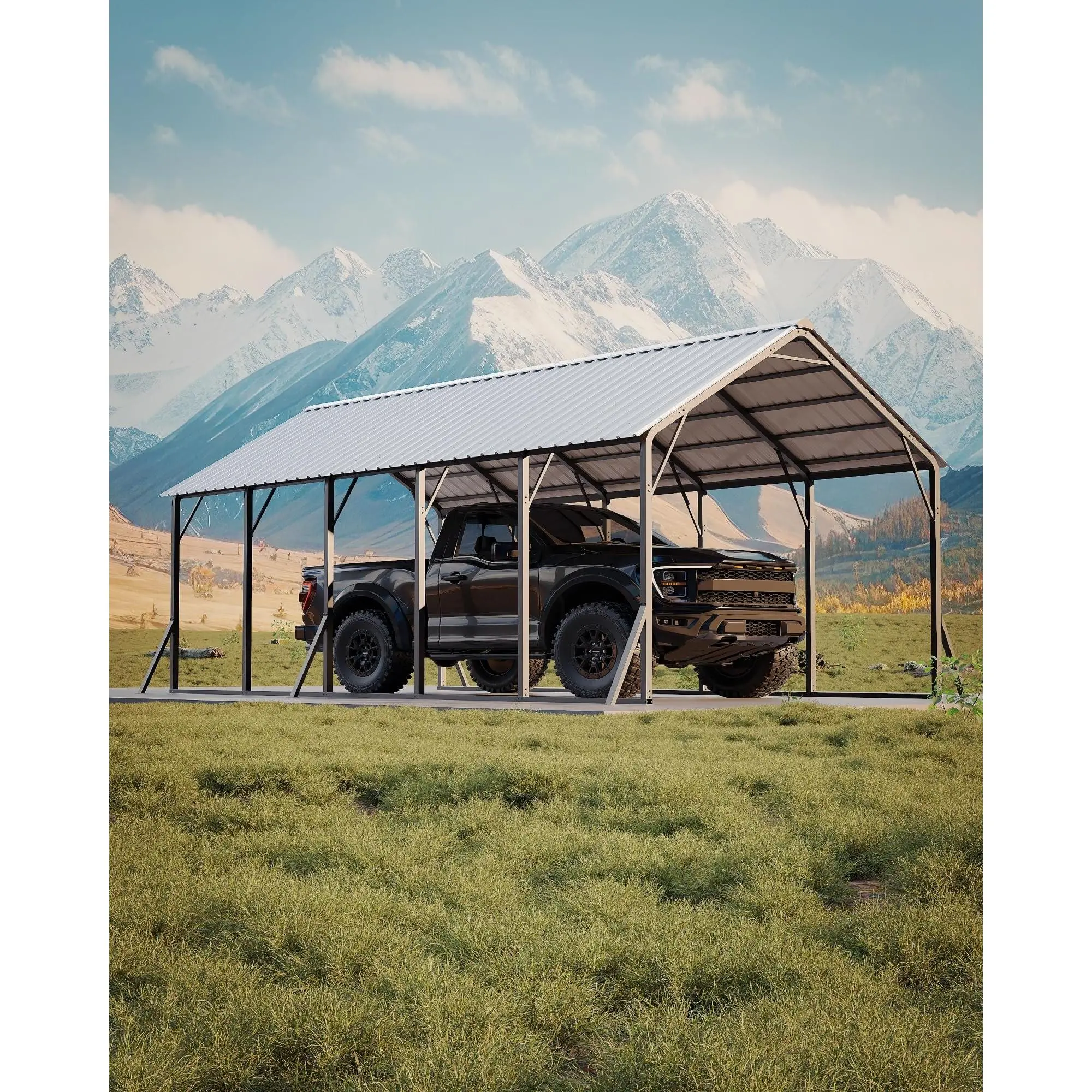 13x26 ft Metal Carport Kit, 120° Steep Vertical Roof for Snow Removal, 133" High Clearance Shelter, Reinforced Frame for RVs and Boats