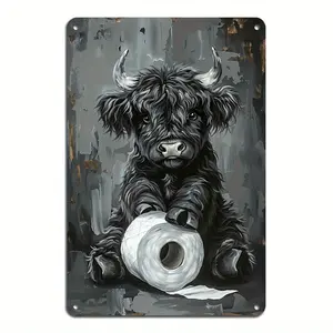 Highland Cow Metal Painting Wall Plaque with Toilet paper, reusable metal plaque, whimsical vintage humorous art decor, 8X12In, Vintage Style Wall Hanging Decor for Home, Bar, bathroom, Office,​ Christmas Decorations Ornaments Room Artistic Photo Print