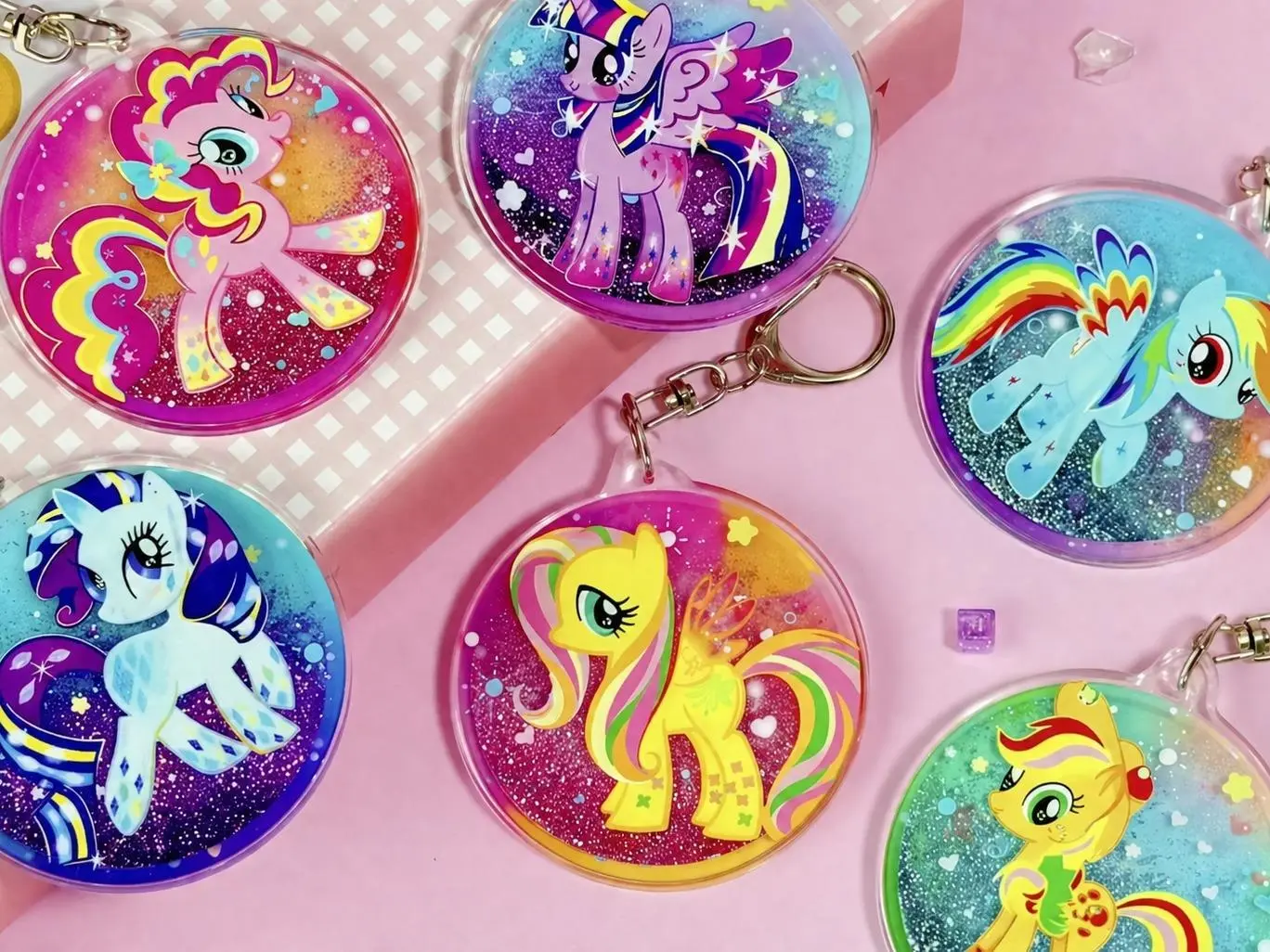 Glitter Shaker Key Charms with Pony Art, Kawaii Acrylic Body Keyrings, Cute Collectibles for Backpacks with Metal Clasp, Fluttershy, Pinkie Pie, Twilight Sparkle
