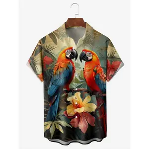 Men'S Hawaiian Parrot Floral 3D Digital Print Short Sleeve Shirt with Button Pocket, Polyester 100%, Vacation Style, Lapel Collar, Regular Fit, Single Breasted, Woven Fabric, 120gsm, Summer Casual Wear Top Menswear Tropical Collared Multicolor Shortsleeve