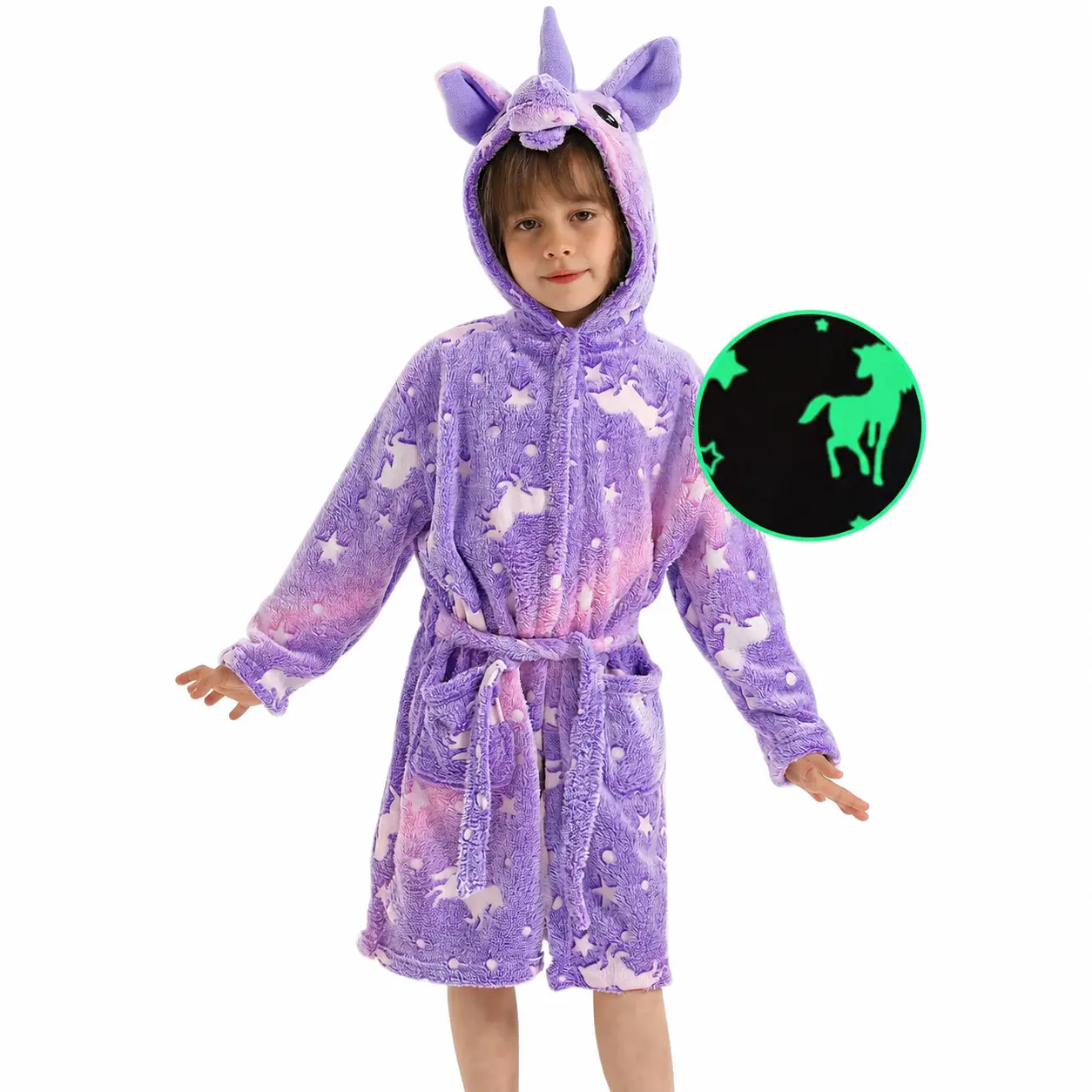 Glow in the Dark Unicorn Stars Kids Hooded Bathrobe – Soft Fleece Robe for Boys & Girls, Ages 3-12