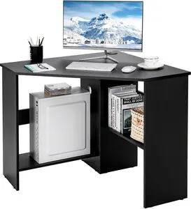 Homedoki 90-Degree Triangle Corner Home Office Desk, Space-Saving Office Furniture with Storage Shelves & CPU Stand, Compact Area Multifunctional Desk for Small Spaces & Black Bedroom Makeup Vanity