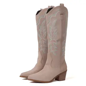 CYNLLIO Womens Knee High Embroidered Cowboy Boots Pointed Toe Chunky Block Heel Pull On Comfy Fashionable Party Outing Dating Holiday Concert Dress Spring Summer Cowgirl Western Boot