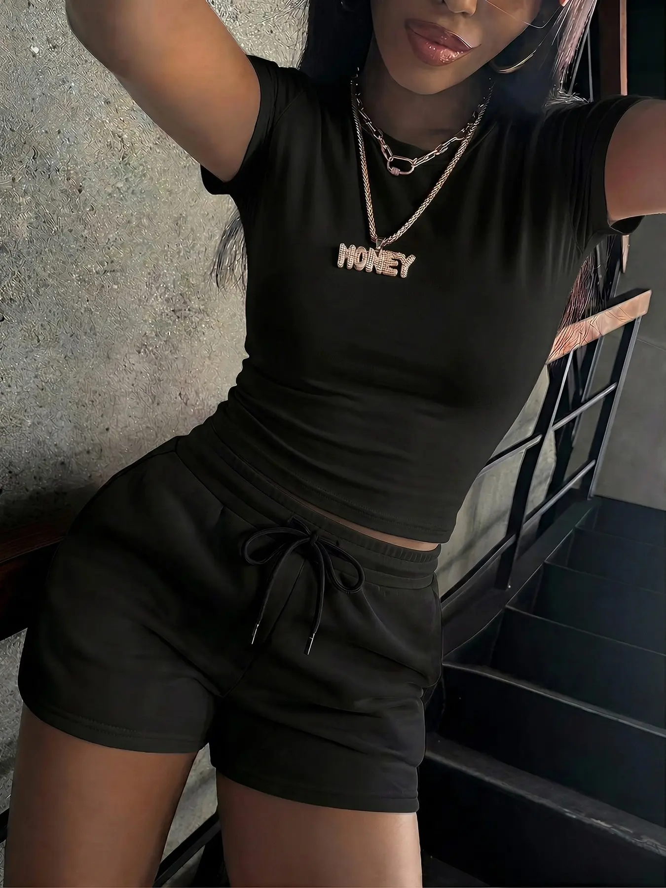 Women's 2 Piece Outfits, Womenswear, Minimalist, Summer Casual Streetwear Slim Fit Crop Top & Drawstring Shorts Set Soft Breathable Knit Fabric Comfy Loungewear for Daily Wear Going Out Casual Wear