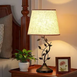 24-inch Traditional Country Desk Lamp with Leaf-shaped Body Beige Fabric Shade LED Bulb Energy-saving Matte Black Surface