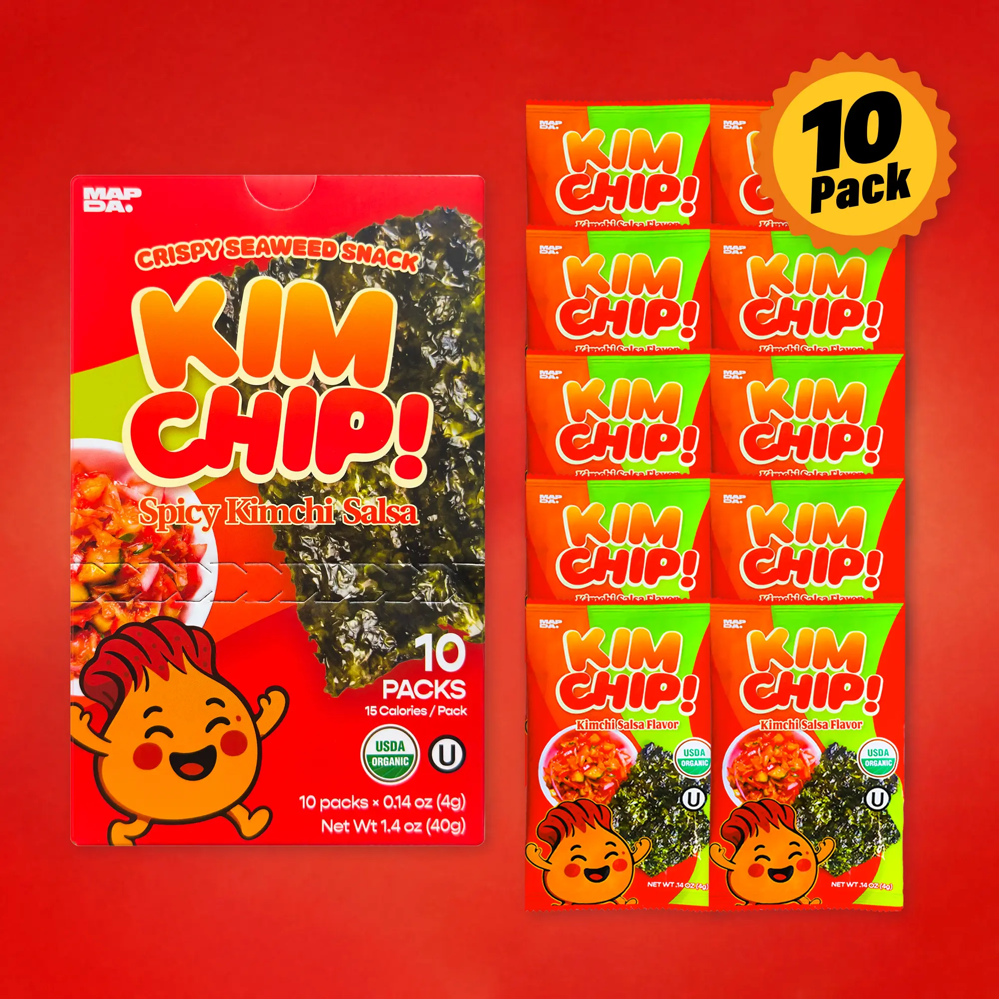 KIMCHIP! (10-Pack) Extra Spicy Seaweed Snacks - Korean Roasted Seaweed with Kimchi Flavor, Challege snack