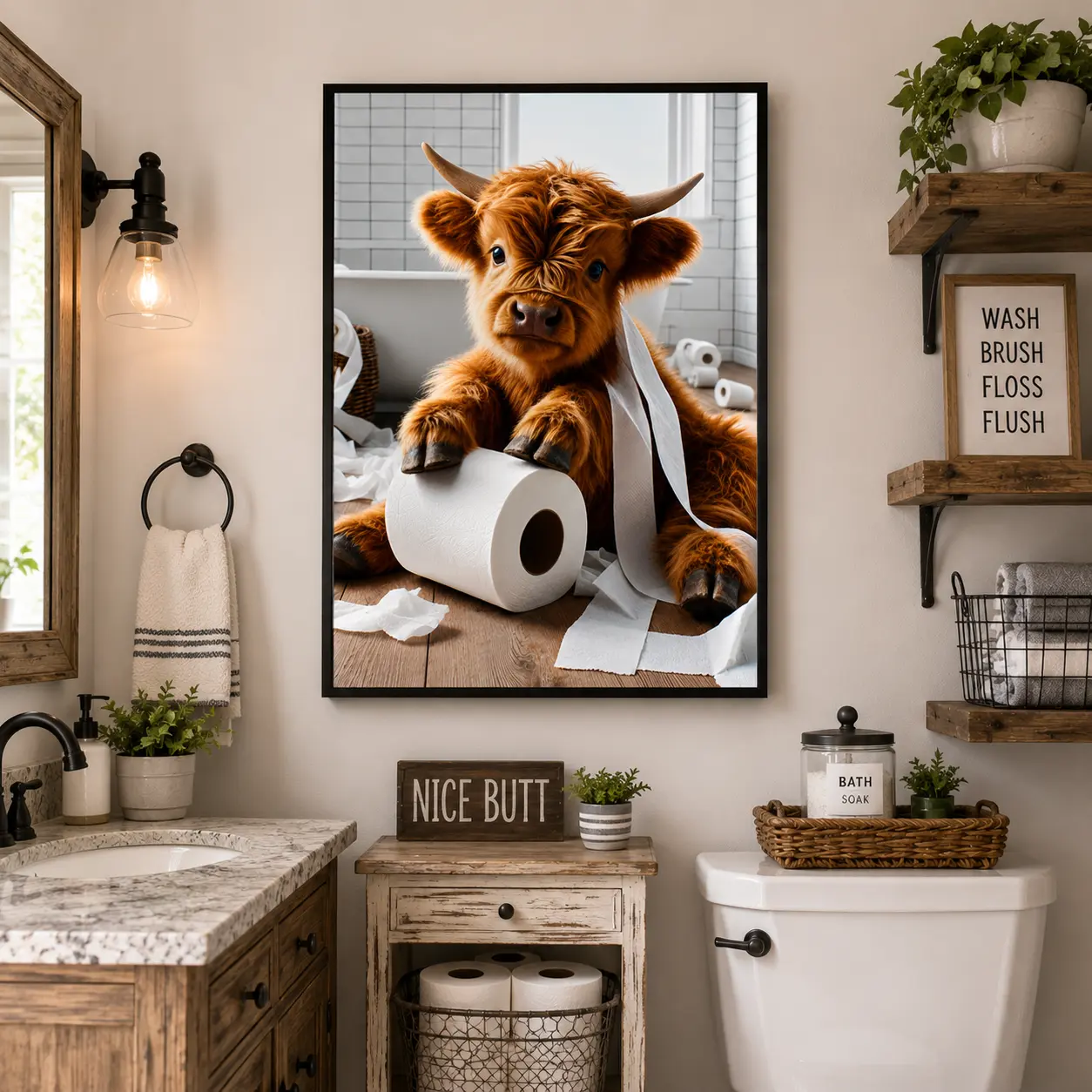 Highland Cow Bathroom Wall Art Canvas Print, Funny Farm Animal Poster Decor, Rustic Modern Bathroom Decor, Unique Gift for Animal Lovers