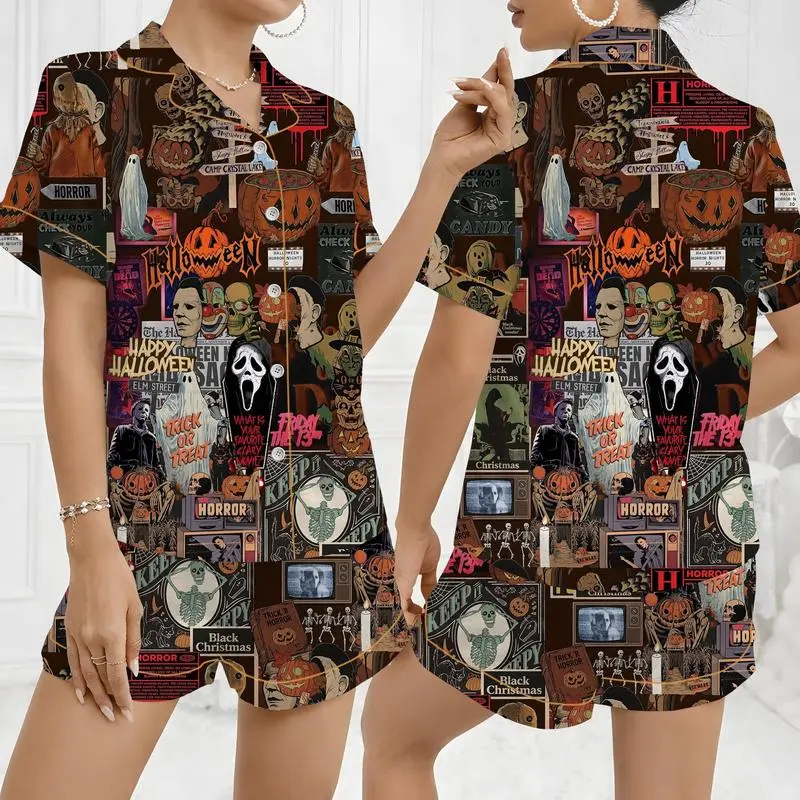 Halloween Pajama Set -  Horror Movie Character Satin Sleepwear - Gothic Loungewear - Spooky Gift For Him & Her