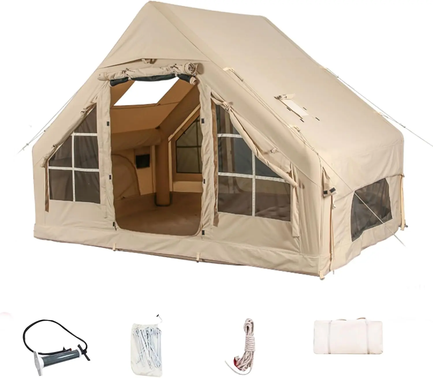 Inflatable Camping Tents with Hand Pump 4 Seasons Oxford Cabin Tent Waterproof Windproof 4-6 Person Glamping Tents Easy Setup with Mesh Chimney Window