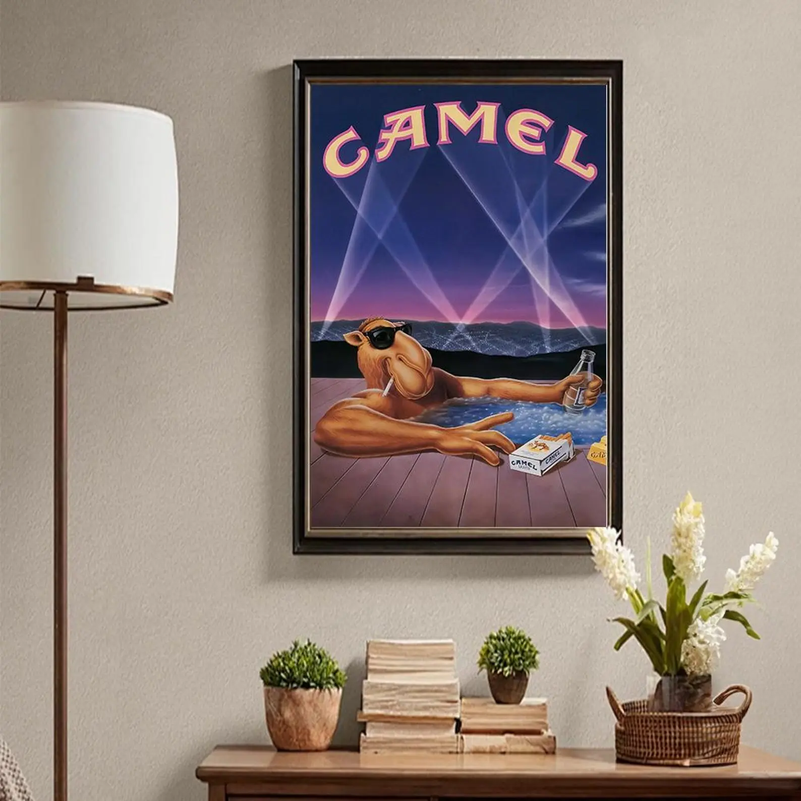 Unframed 80s Camel Advertising Retro Poster - Artistic Vintage Design Unique Artwork, Colorful Home Decor for Living Room, Wardrobe Accent, Plain Wall Upgrade