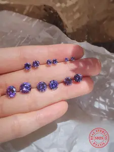 925 Sterling Silver Purple Round Zircon Earrings, Fashionable Earrings for Women & Men, Trendy All-match & Exquisite Jewelry for Birthday Gift