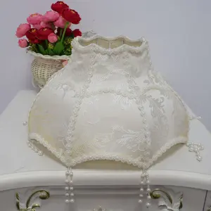 Umbrella Shaped Handmade Fabric Lampshade with Embroidery and Sunflower Pearl Lace Decoration, Home Decor Lighting Shade Available in Two Colors