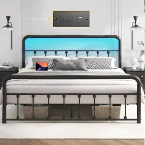 14 Inch Queen Bed Frame Classic Metal Platform Bed Frame with Charging Station & LED, Victorian Style Iron-Art Headboard/Footboard, Under Bed Storage, No Box Spring Needed, Noise Free