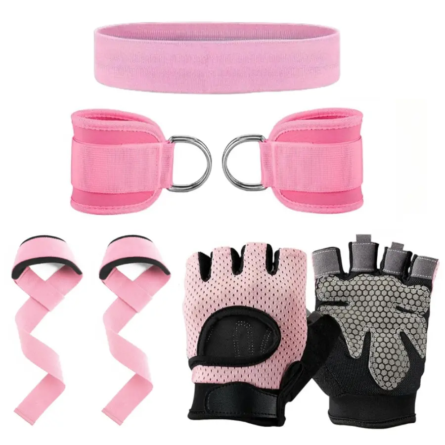 Gym Workout 4-Piece Kit, Adjustable Ankle Straps, Fabric Resistance Band, Weight Lifting Straps & Non-Slip Training Gloves, Fitness Set for Home & Gym Use, Workout Gear, 2 Colors Available