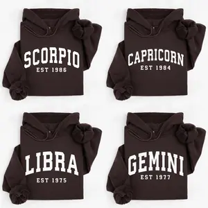 (Leave A Note or DM to Shop) Custom Zodiac with Est Year Hoodie - Dark Chocolate Color, Horoscope Astrology Graphic Hoodie, Unisex Crewneck Hoodie, Personalized Zodiac Energy Gift for Birthday, Star Sign Lovers - AG