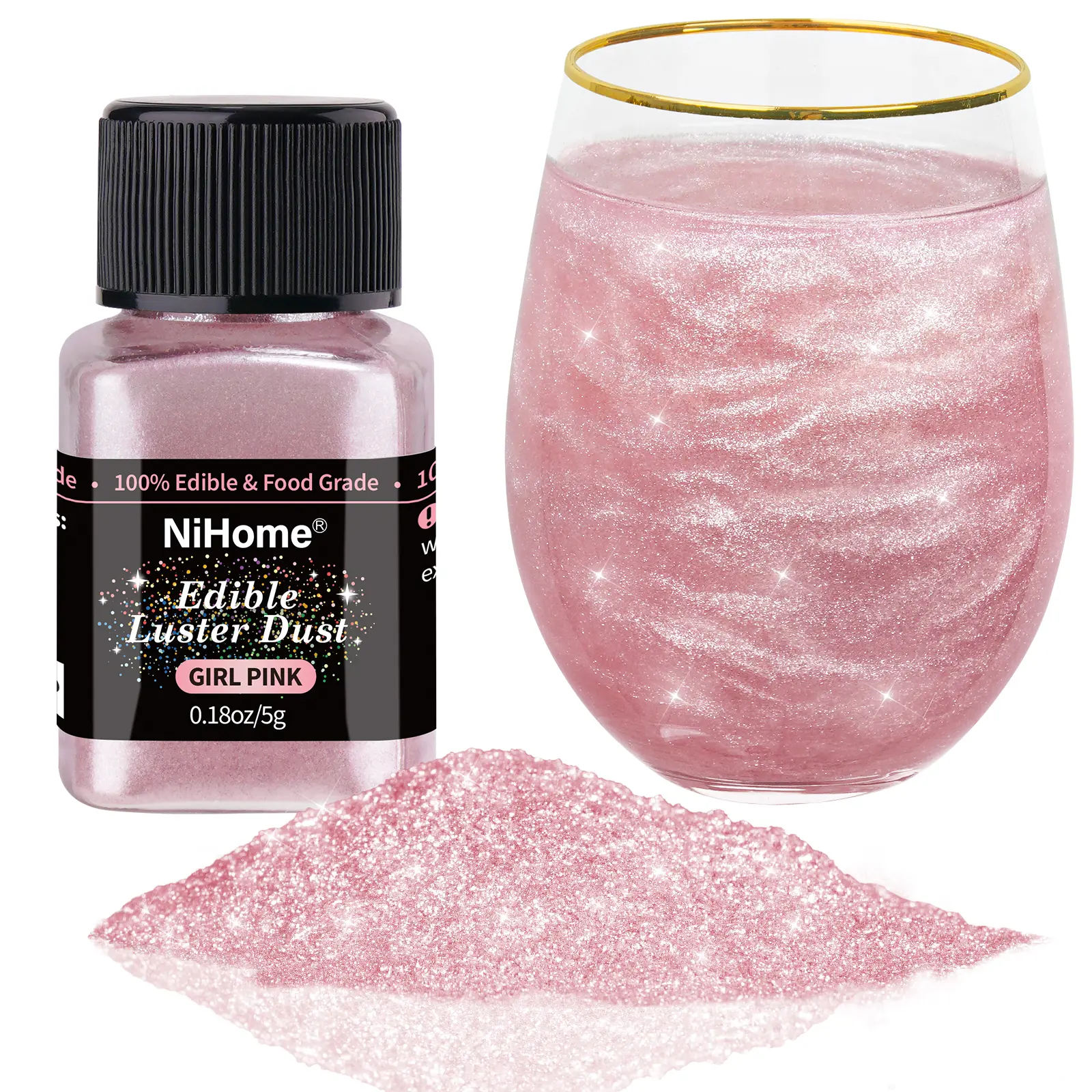 NiHome Blush Pink Edible Food-Grade Metallic Glimmer Powder - Organic, Dairy-Free, Halal, Vegan Baking Decoration for Cakes, Drinks, Bakeries