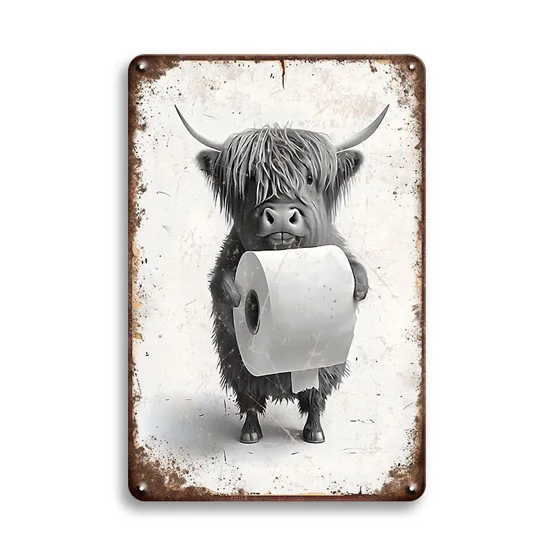 Highland Cow Holding Toilet Paper Metal Tin Sign, Vintage Metal Sign, Creative Bathroom Wall Art, Bathroom Decorations, Bathroom Signs, Funny Restroom Sign for Home, Cafe, Restaurant