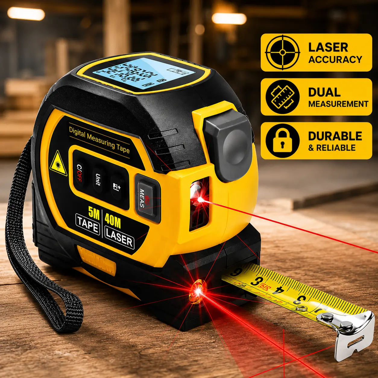 3-in-1 Digital Laser Tape Measure Tool, 131FT Laser Distance Measurer, 16FT Self-Locking Steel Tape, High Precision LCD Display Measuring Tool for Home Improvement & Construction DIY Projects