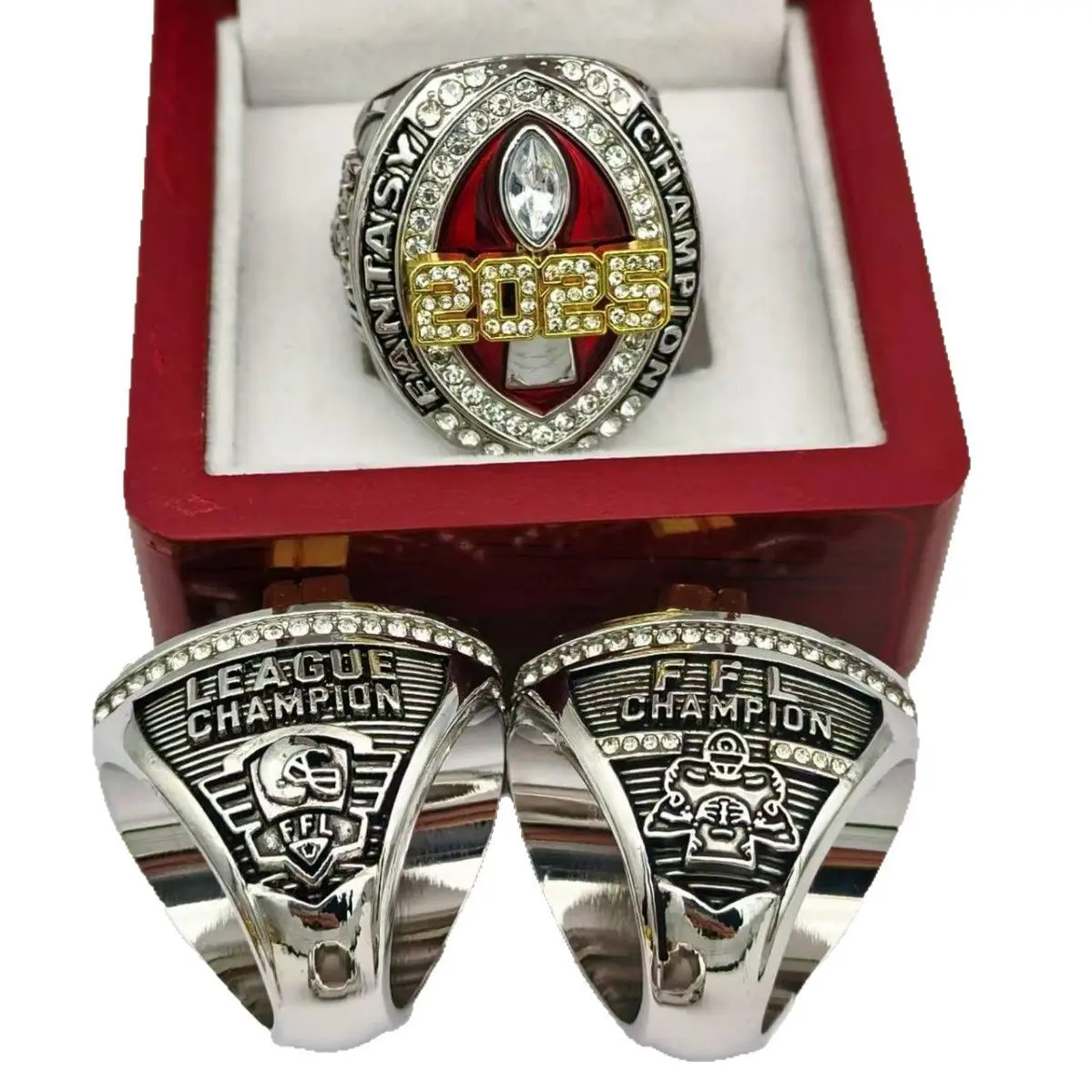 Rhinestone Decor Fantasy Football Championship Ring for Men - League Winner Trophy Gift, Includes Wooden Display Box, Rhinestone Decor Ring