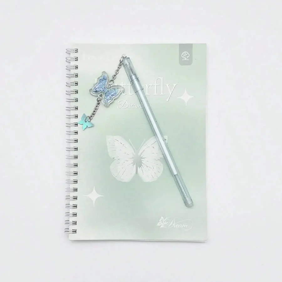 A5 Spiral Notebook + Butterfly Pen, Dual Coil, 60 Pages, Elegant Love Letter Design, Lined Journal, Writing Notebook, Ideal Stationery Gift, Girl's Diary, Office or Study Supplies, Note Taking Notebook