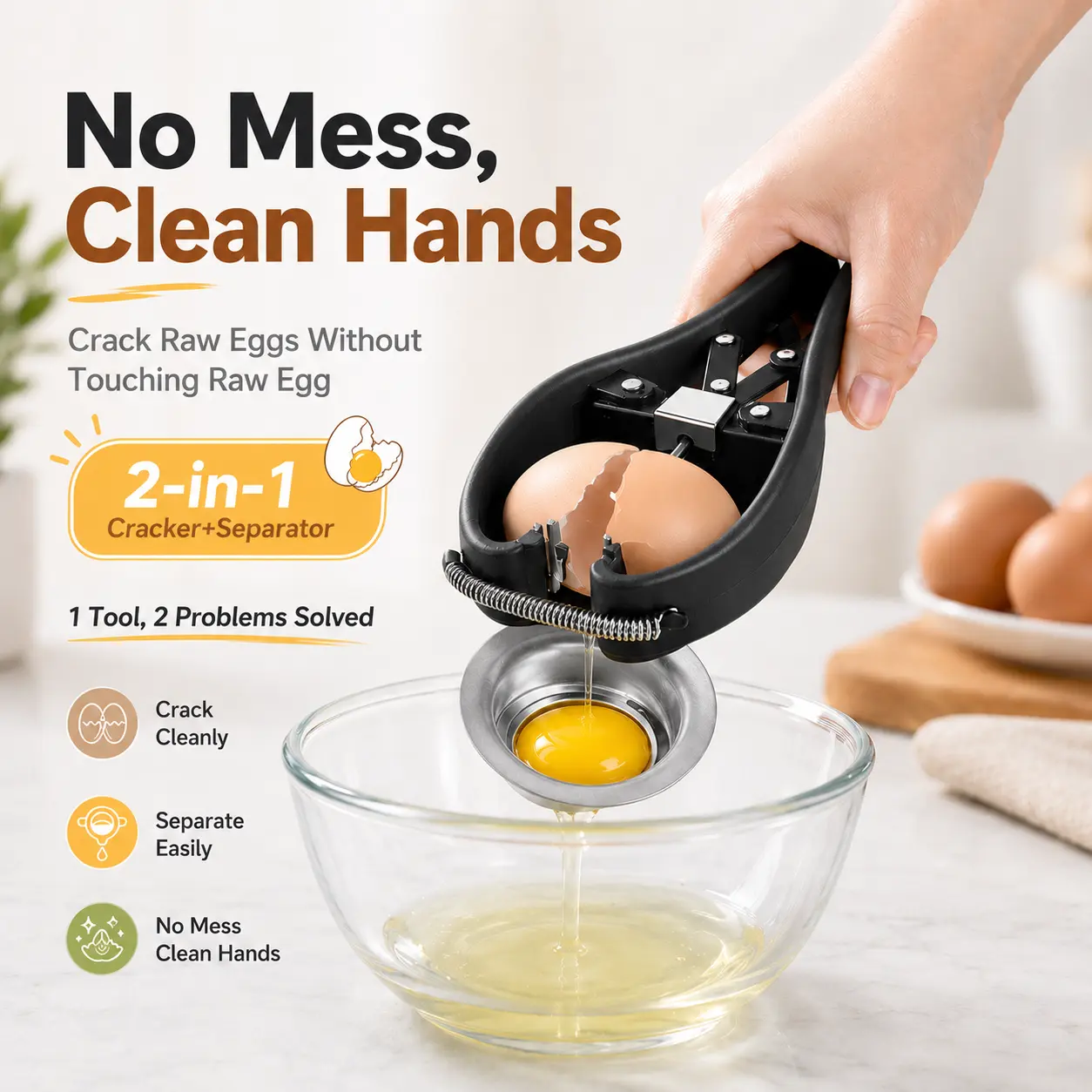 Egg Cracker with Yolk Separator, One-Handed Lever Tool — No Mess, Zero Shell Fragments | 2-in-1 Baking Kitchen Gadget
