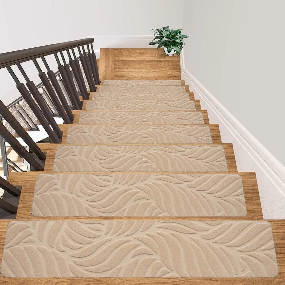 Leaf Embossed Design Stair Tread Rug, 15pcs Washable Reusable Staircase Runner Rug, Non-slip Safety Stair Carpet with Adhesive Back for Children, Elders & Pets, Large Rugs