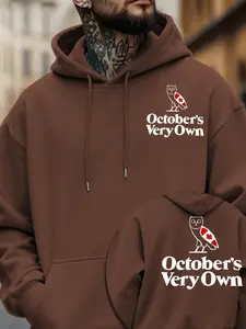 Men's Graphic Print Hoodie, Drawstring Pocket Hoodies Fall/Winter Style 'OVO Canada Maple Leaf Owl' Print Drawstring Pocket Design Casual Sports Versatile Warm Pullover Hooded Sweatshirt Christmas Gift Multiple Color Options Machine Washable Everyday Wear