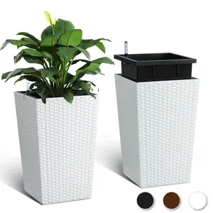 16 in Tall Planter Set of 2 Large Rattan Flower Pot with 2 Trays&a Water Level Monitor & Wheels Outdoor and Indoor for Patio,Porch, Living Room,White