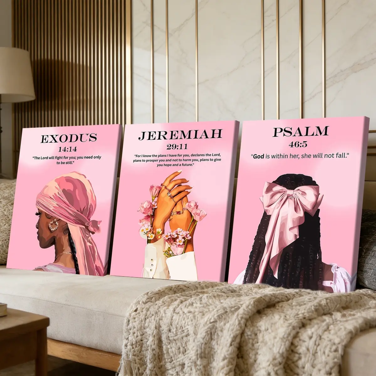 3 Counts Wooden Framed Canvas Painting, Pink Faith Inspirational Art Prints, Picture Image Prints, Religious Prints, Exquisite Poster, Perfect Living Room Decoration, Modern Art, Fashion Family Poster, Wall Art Decoration, Waterproof Art, Home Wall Decor