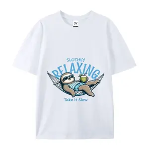 Slothly Relaxing Funny Sloth Graphic Tee Summer Vacation Casual Top For Men & Women Cartoon Drop Shoulder Short Sleeve Crew Neck Tshirt - Menswear