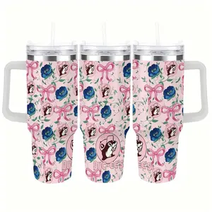 Buc-ee’s Inspired 40oz Insulated Tumbler with Handle and Straw - Pink Coquette Aesthetic with Floral, Bows, and Beaver Logo Pattern - Floral & Bow Design Insulated Travel Cup - Cute Beaver Logo Gift for Her