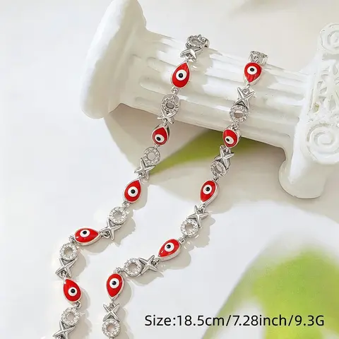 Women's Silver-Tone Minimalist Adjustable CZ Fashionable Bracelet - Red Enamel Evil Eye Charms, Cubic Zirconia Circle, XO Cross, Silver Accents 3-Charm Bracelets for Women, Dainty Everyday Jewelry, Protective Birthday Gift