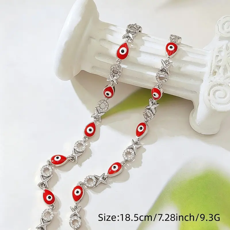 Women's Silver-Tone Minimalist Adjustable CZ Fashionable Bracelet - Red Enamel Evil Eye Charms, Cubic Zirconia Circle, XO Cross, Silver Accents 3-Charm Bracelets for Women, Dainty Everyday Jewelry, Protective Birthday Gift