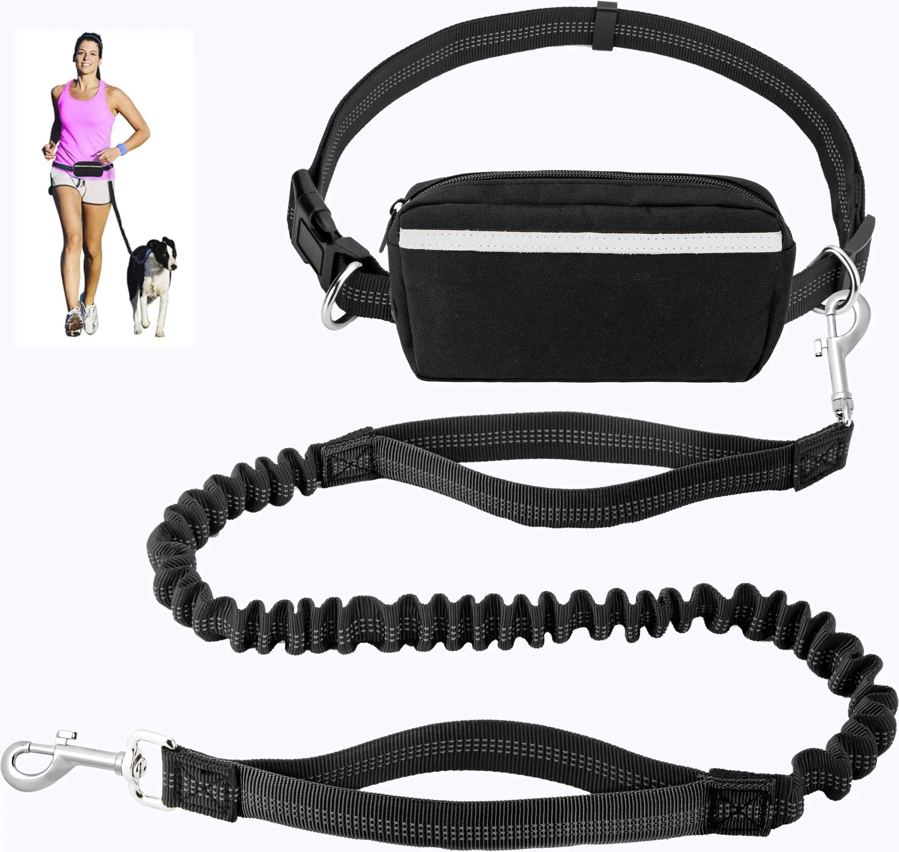 Hands-Free Dog Leash & Adjustable Universal Harness with Durable Bungee, Dual Padded Handles, Zipper, Reflective Strips, Harness Straps, D-Ring Connection, 1-Button Locking Buckle, 45-69 Inches Leash for Walking, Jogging, Cycling, Travel Bag 7.9×5.1 Inche