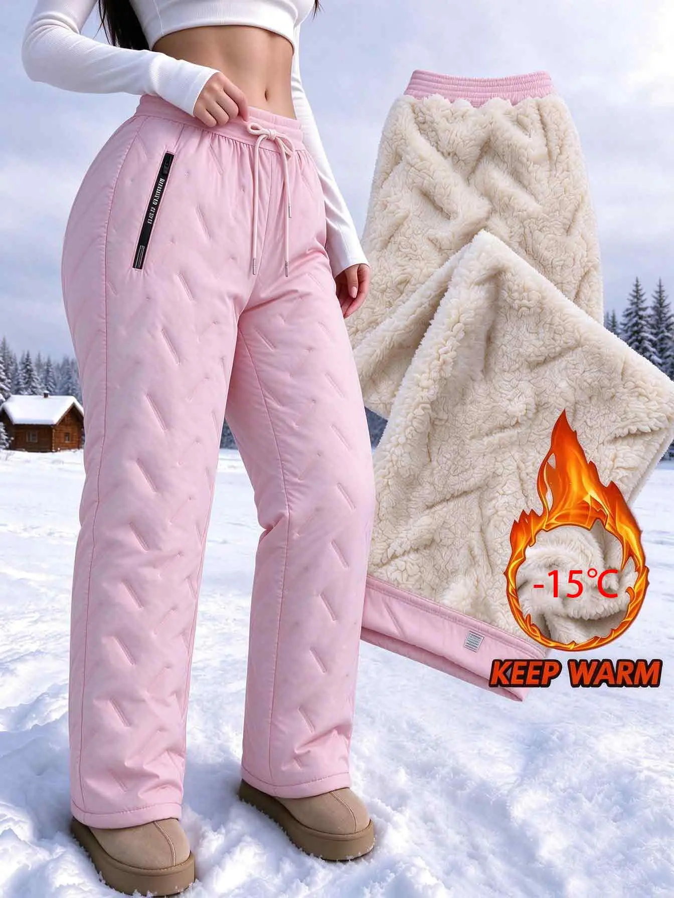 Women’s multi-color fleece-lined warm long pants for autumn/winter, high-waisted with drawstring, windproof and waterproof wide-leg snow pants, withstand temperatures down to -15°C, suitable for outdoor wear.