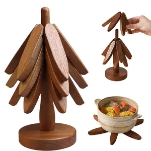 MIUVA Kitchen Wooden Trivets Tree Shape 3 Layers Walnut Coasters Aesthetic Tableware Mats Heat Resistant Pot Holders 7.7inch Gift Idea Stylish Walnut-3Pcs+Base Thanksgiving tableware Value Pack Valentine's Day gift Christmas Gift Set