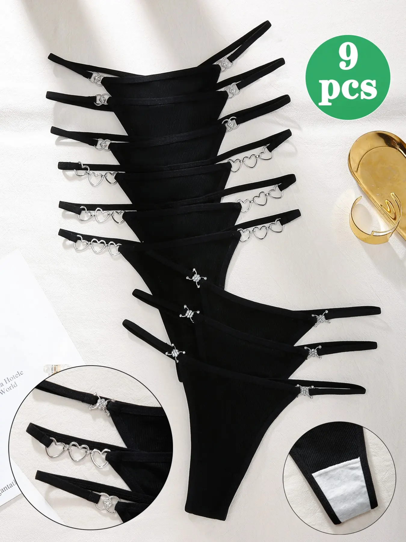 9pcs Elegant Low Rise Casual Thong Panties Soft Fit Panty with Heart Chain, Rhinestones Design, Soft Comfortable Ribbed Fabric for All Seasons, Perfect Valentine's or Birthday Gift, Everyday Underwear