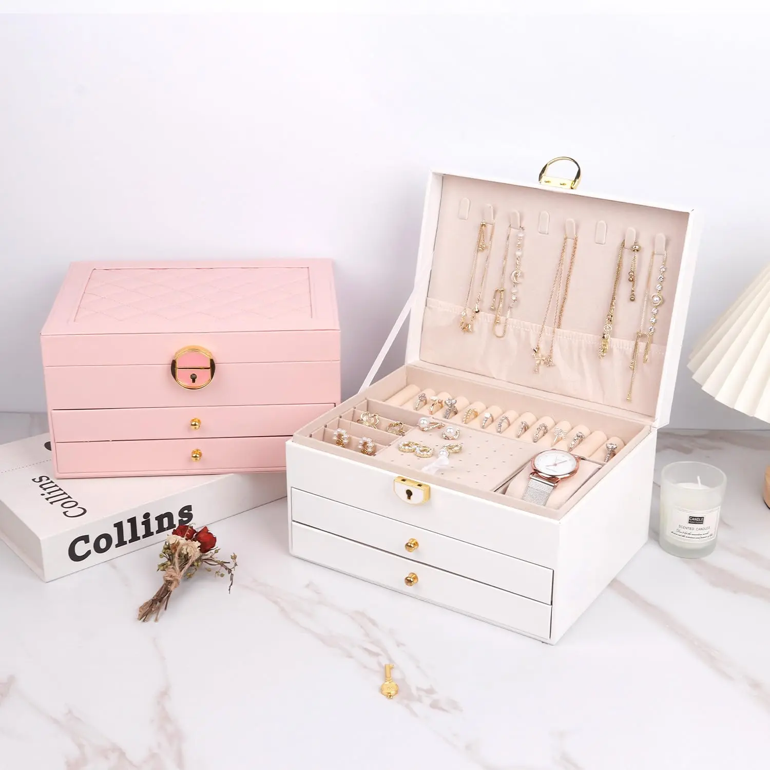 Women's Classic 3-Layer PU Waterproof Durable Jewelry Organizer Box, Lockable Key Lock Storage Case with Drawers for Rings, Earrings, Necklaces, Bracelets, Watches, Brooches & Charms