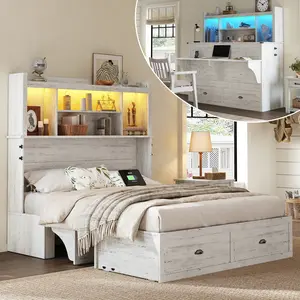 [Memorialday][Mattress NOT Included] [Ship in 2 Boxes] AMERLIFE Murphy Bed with Bookcase Headboard & LED Light, Farmhouse Cabinet Bed with Storage Drawer, Charging Station and Desk for Home Office/Guest Room/Small Spaces