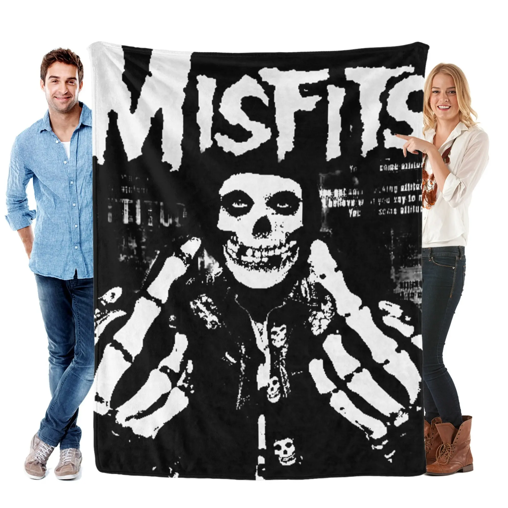 Misfits Punk Icon Flannel Blanket - Edgy Black-White Design with Skull Logo, Bold MISFITS Text, Skeleton Hands - Cozy Aesthetic Home, Room, House, Whimsical Home Decor for Punk Horror Fans, Room Decor, Cozy Room Vibes