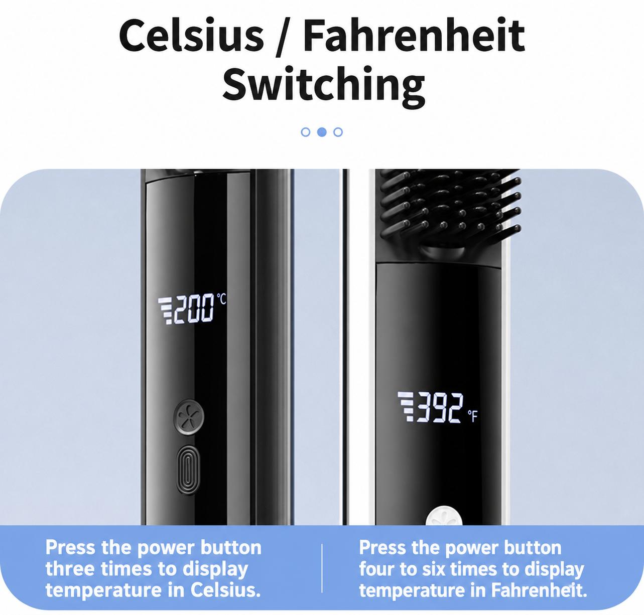 Lightweight Hair Straightener Brush with MCH Rapid Heating, 3 Temp Levels & Cool Air Styling, Fast Charging Travel Ready Hair Tools with Digital Display, Adjustable, Cordless, Anti-Frizz, Dual Voltage, Smooth, Straightening Curly Hair