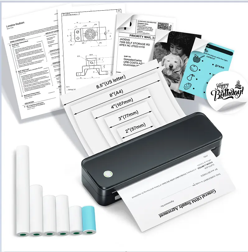 【JADENS】 Portable Thermal Printers,Wireless Bluetooth Smart Printer with 6 Roll Various Sizes Paper,Support US Letter for Business Office Home School