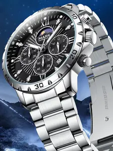 Mark Fairwhale Men's Business Quartz Watch, Waterproof Three-Hole Six-Hand Multifunctional Chronograph, Diamond-Studded, Fw-5048